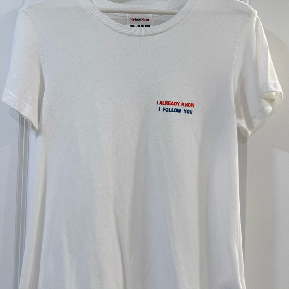 White Short Sleeve Tee with Embroidered Text